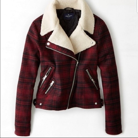 American Eagle Outfitters Jackets & Blazers - AMERICAN EAGLE Red Plaid Moro Jacket Sherpa Collar